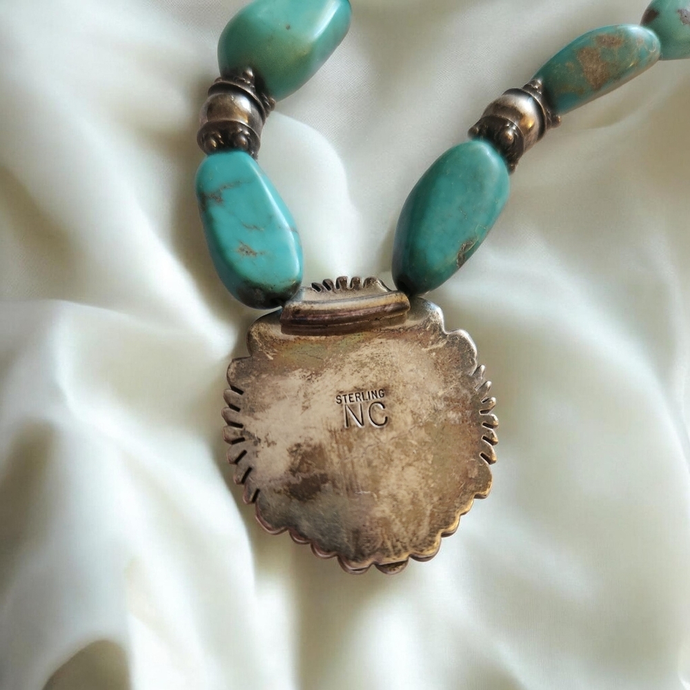 Native American Navajo Turquoise Pendant Southwestern Necklace Sterling Silver - Picture 3 of 5